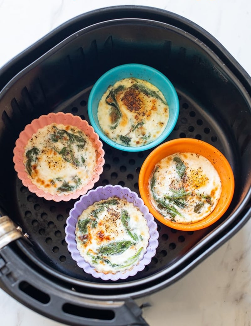 Air fryer baked egg cups with spinach & cheese