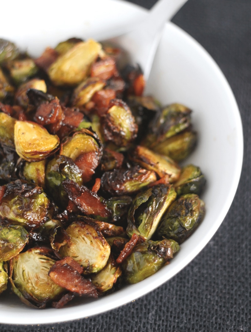 Air fryer brussels sprouts with bacon & maple syrup