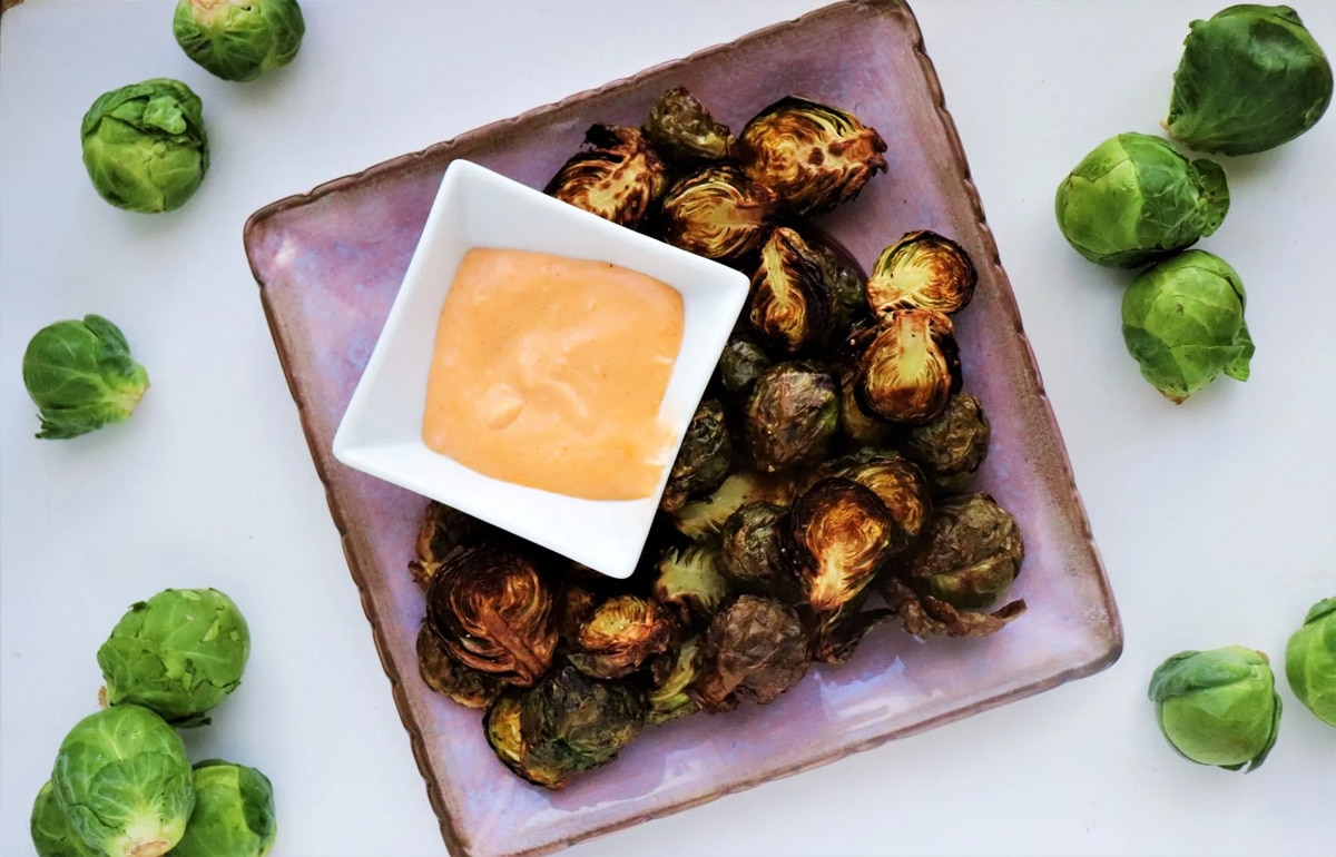 Air fryer brussels sprouts with smoky vegan sriracha mayo