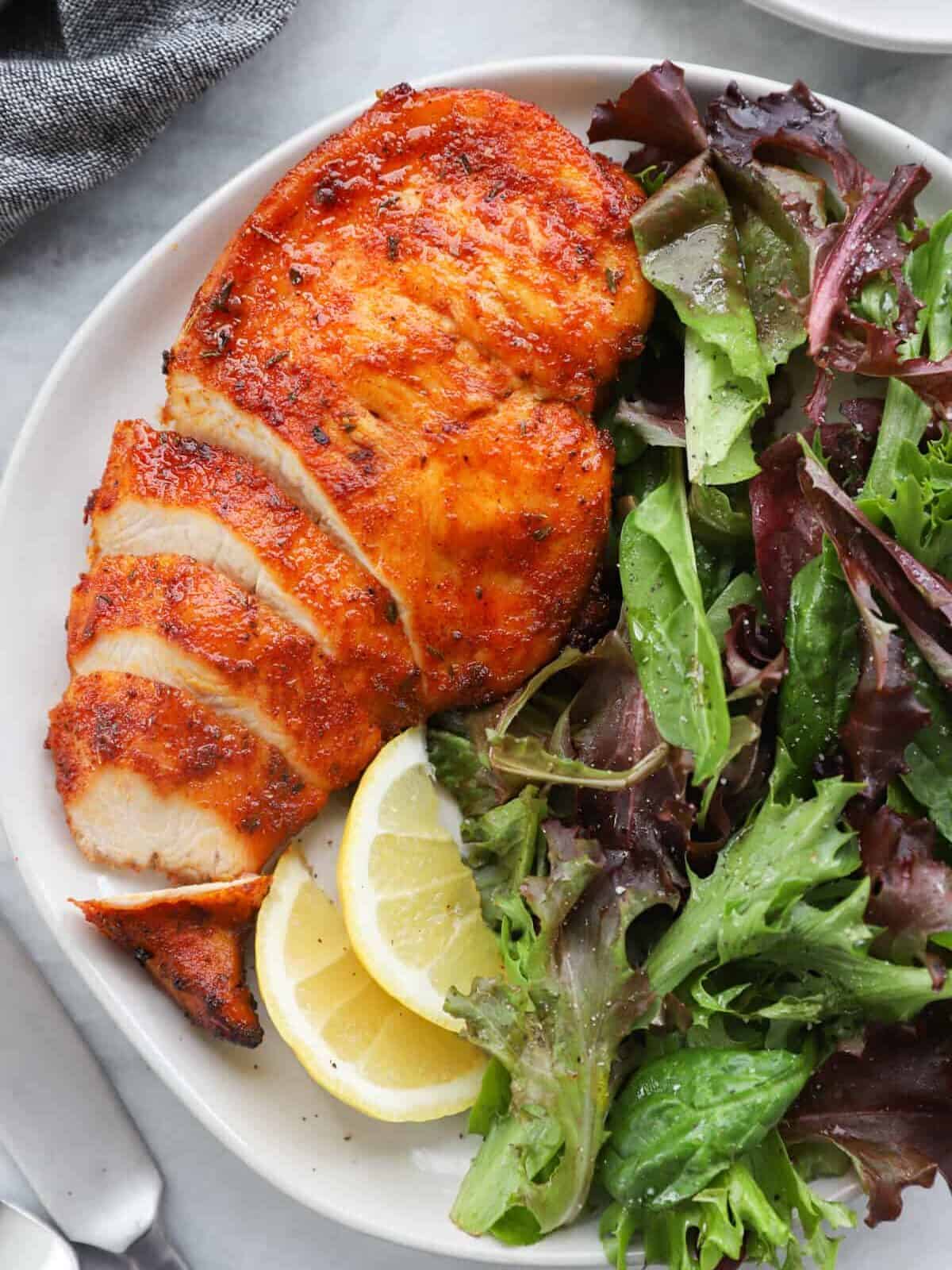 Air fryer chicken breast with brown sugar, paprika, and herbs