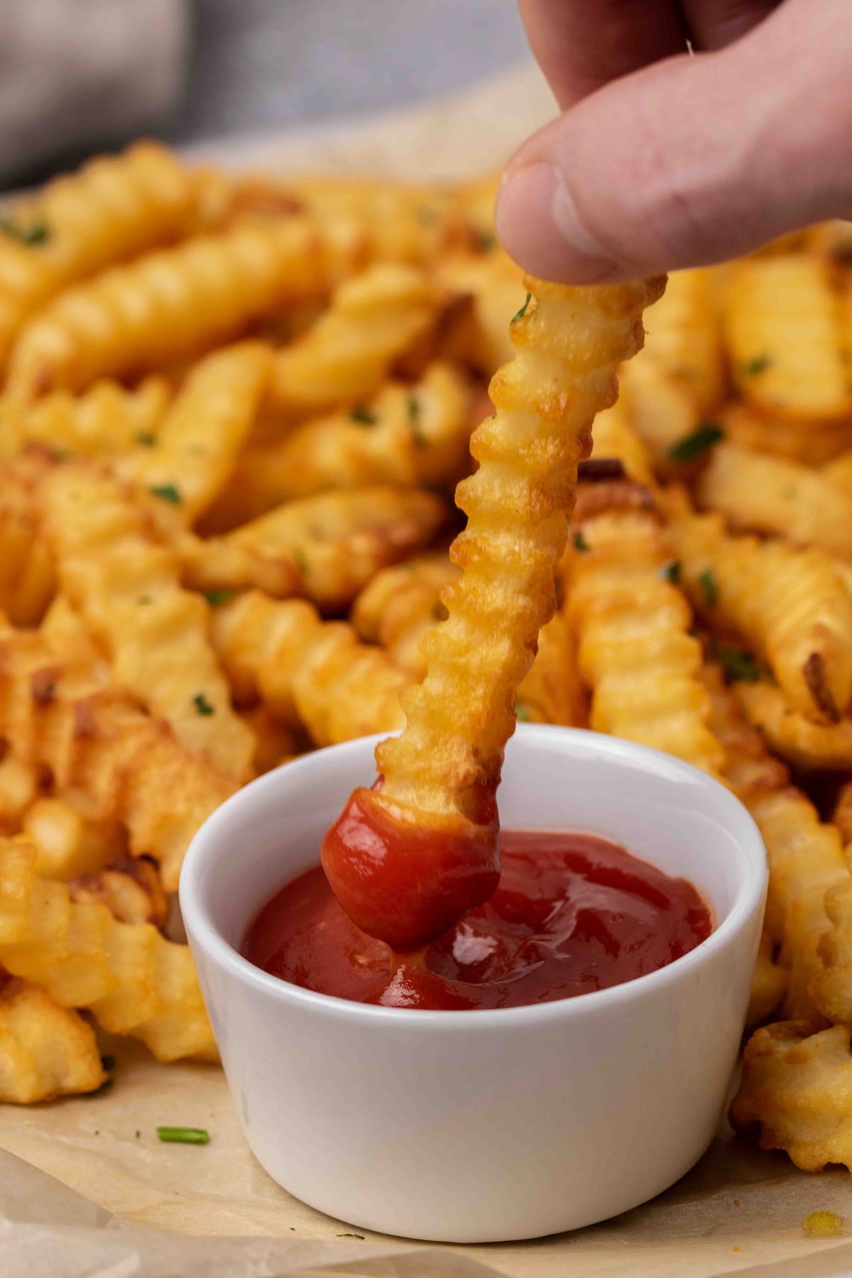 Air fryer frozen french fries with spicy ketchup