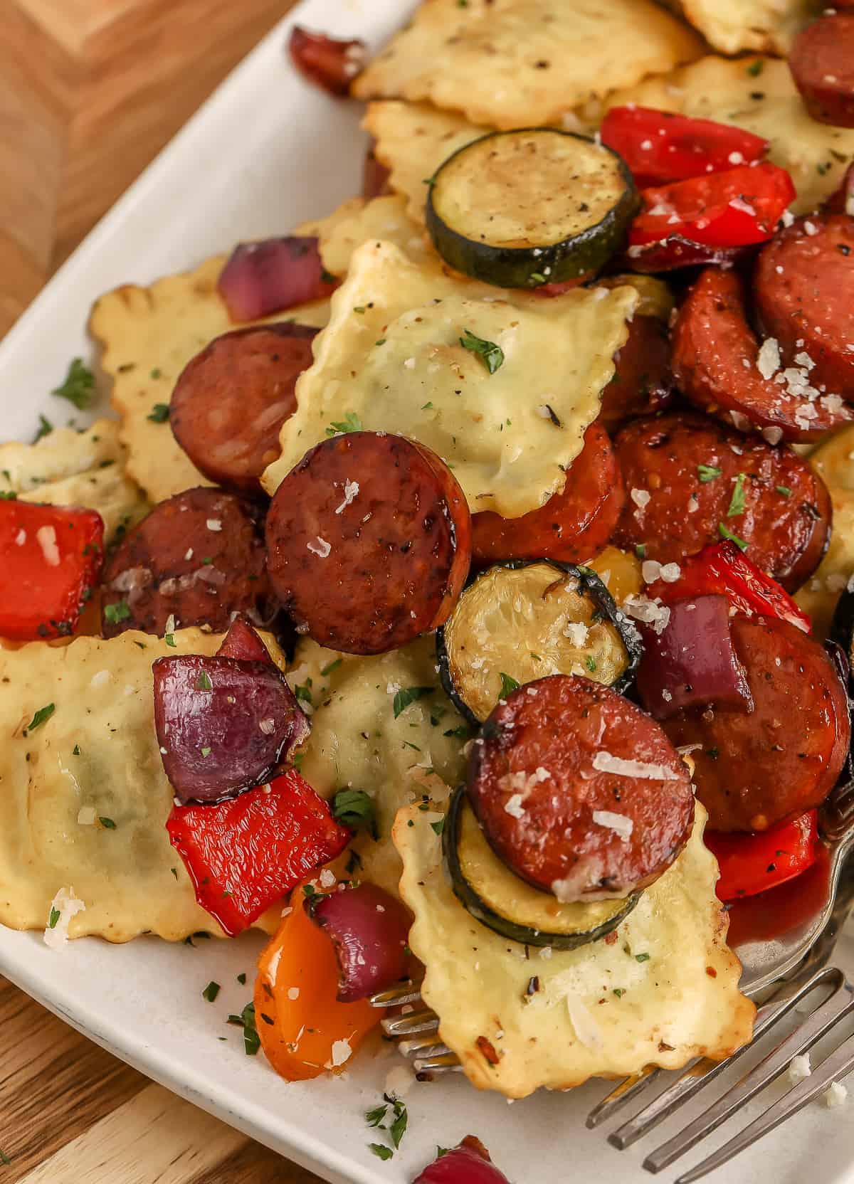 Air fryer mixed vegetables with sausage and ravioli