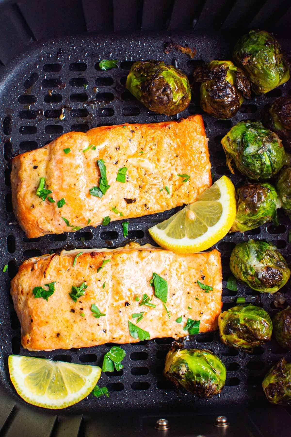 Air fryer salmon and brussels sprouts