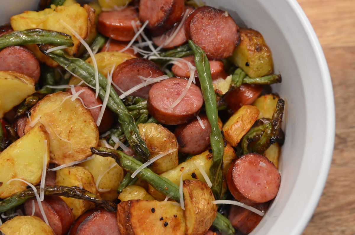 Air fryer sausage, green beans, and potatoes