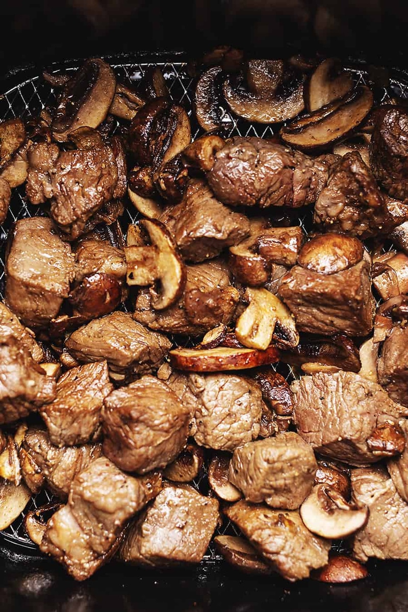 Air fryer steak bites and mushrooms