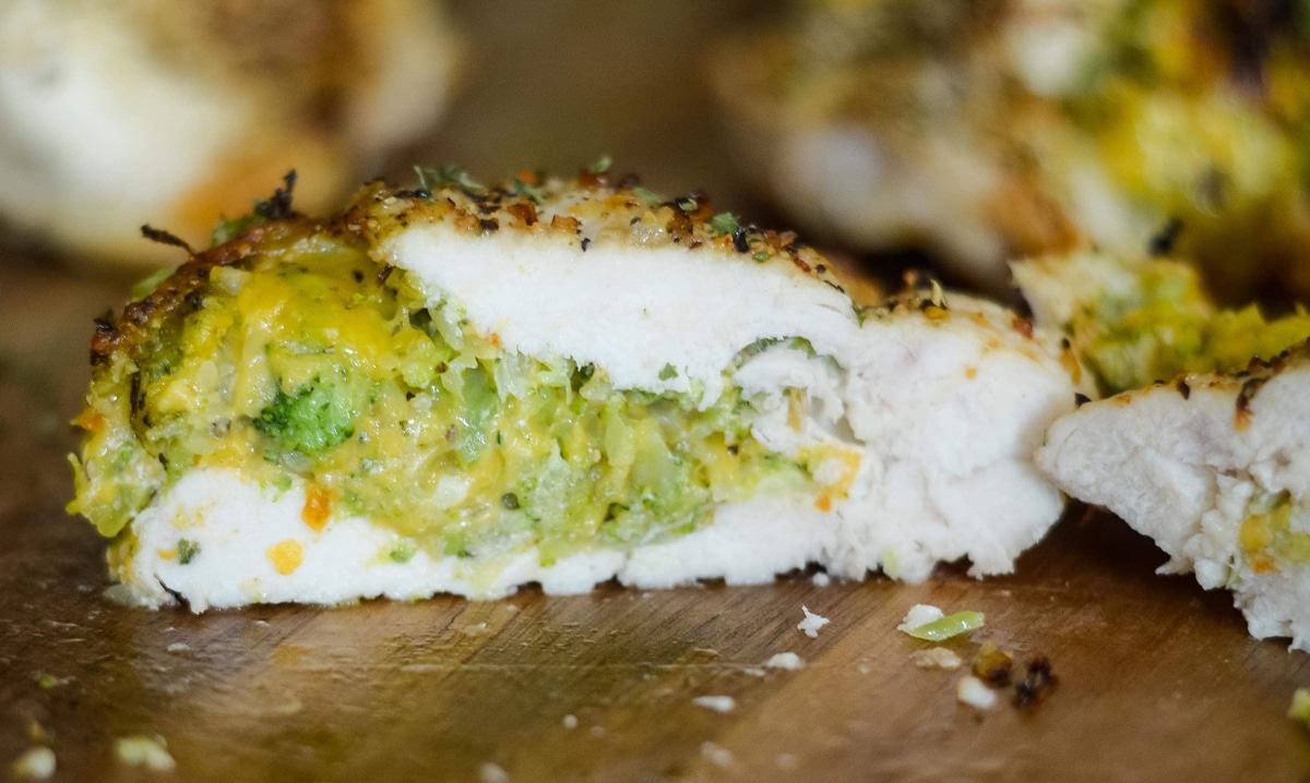 Air fryer stuffed chicken breast with cheese and broccoli