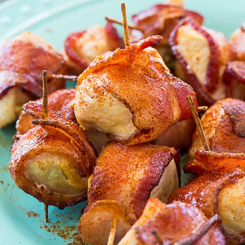 Air fryer sweet and spicy bacon wrapped chicken bites