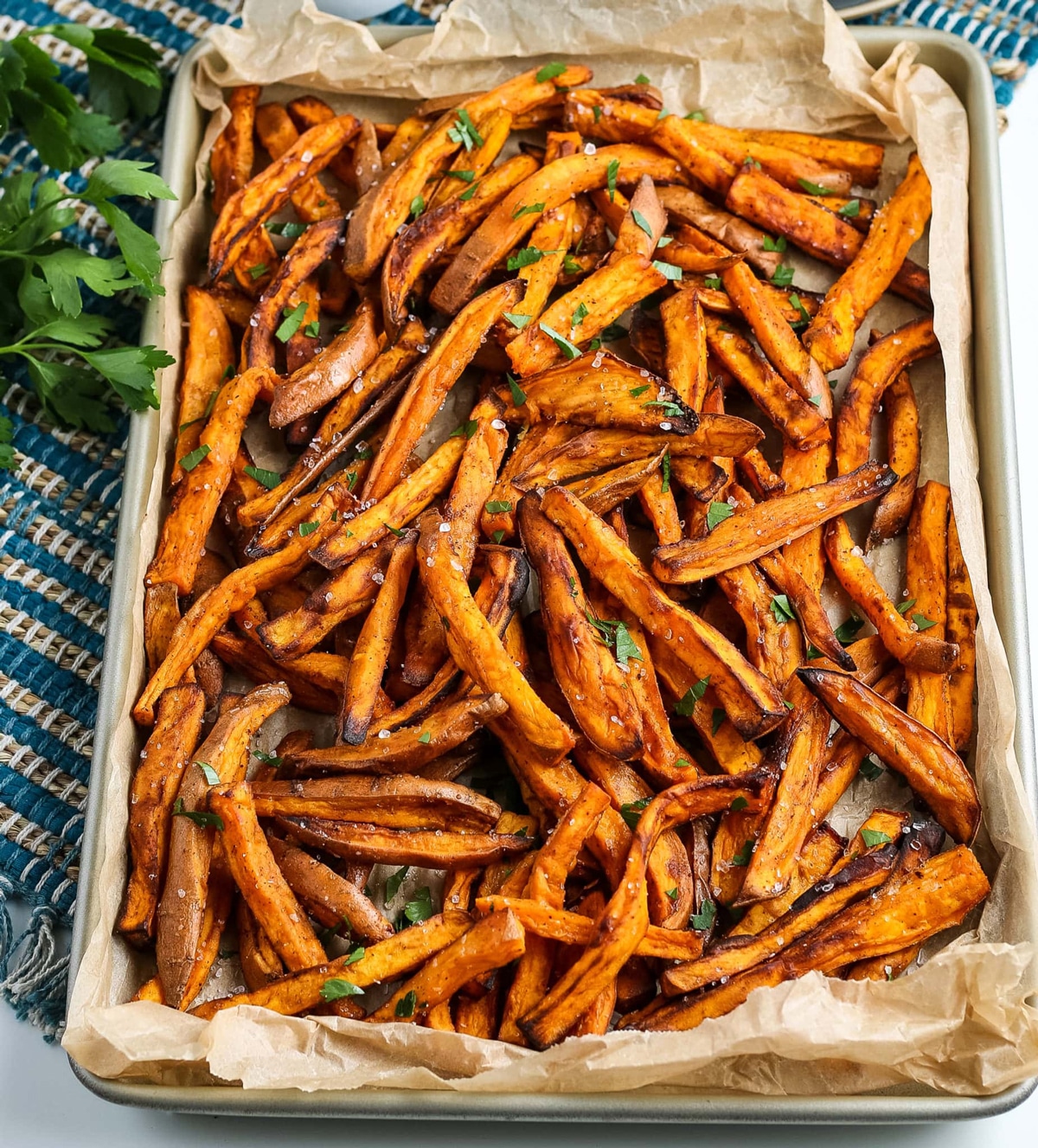 Air fryer sweet potato fries with parsley