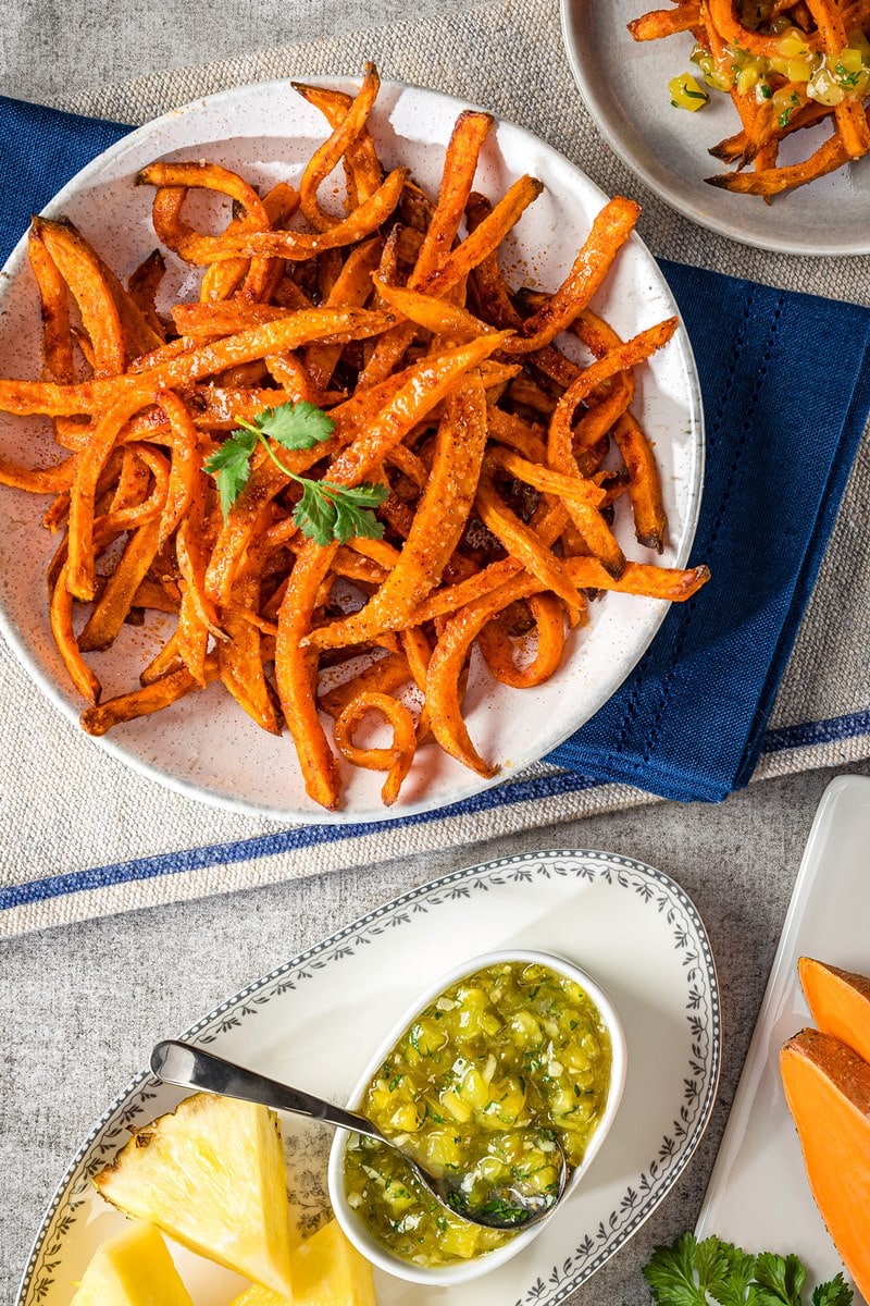 Air fryer sweet potato fries with spicy pineapple dipping sauce