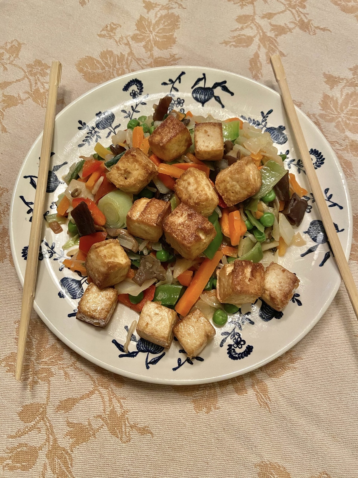 Asian inspired crispy air fried tofu with vegetables