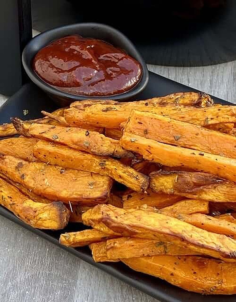 Large sweet potato fries in an air fryer