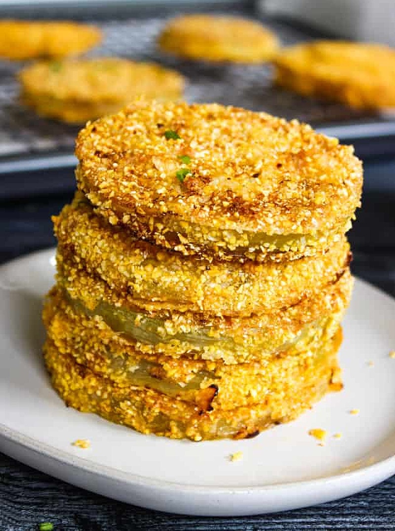 Vegan fried green tomatoes with vegan remoulade dipping sauce